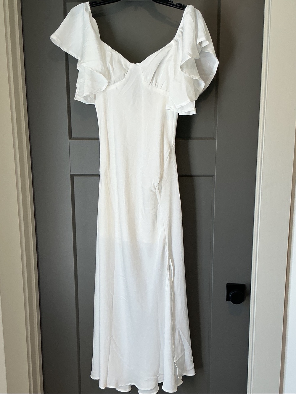 White Ruffle Sleeve Midi Dress with V-Neck
